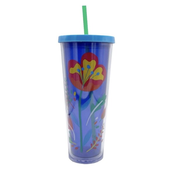 Starbucks Floral Poppy Flower Blue Venti Cold Cup Tumbler Acrylic 24oz W/ Straw - Picture 1 of 9